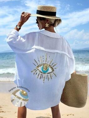NWOT White Button-Up Shirt Dress Cover Up with Gold & Turquoise Eye Embroidery